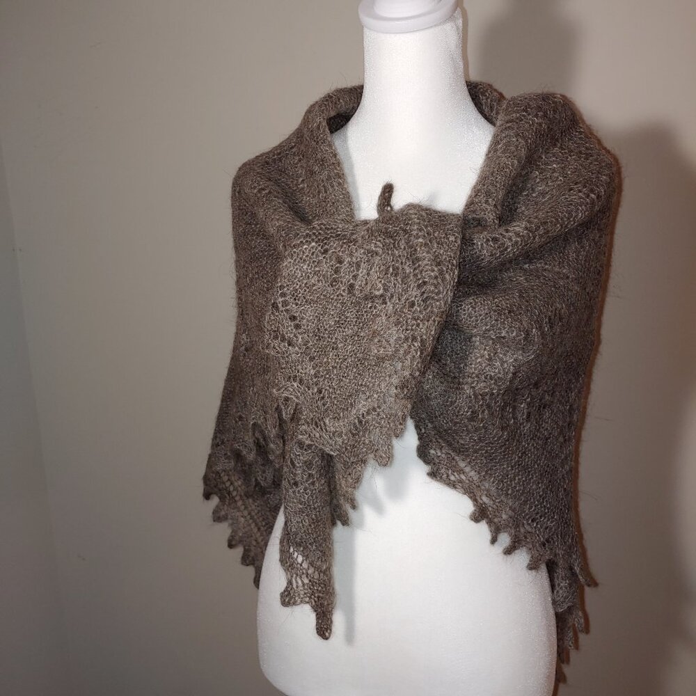 Orenburg Downy Handmade Lace Knit Fluff Shawl Light Brown OS